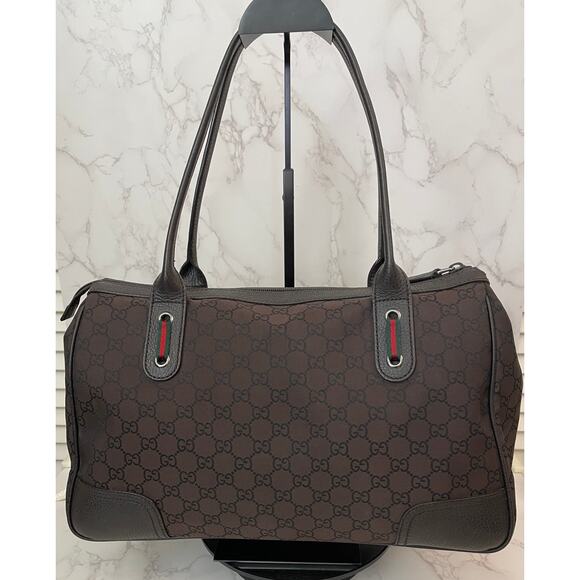 GUCCI Princy Sherry Line GG Canvas Brown Leather Trim Handbag EUC - Picture 4 of 16